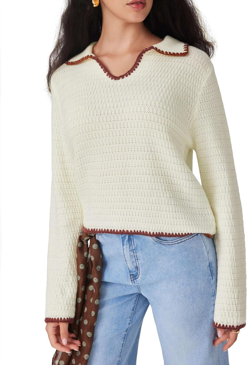 CIDER Sweaters for Women Trendy Color Trim Cute Long Sleeve V Neck Collared Knit Pullover Sweater Tops Fall Outfits
