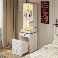 Compact Vanity with Hidden Chair | Mini Dorm Organizers and Storage Dressing Table Desk Gift for Girls Lady with 2 Large Drawers Shelves Mirror Lights for Small Bedroom (White)