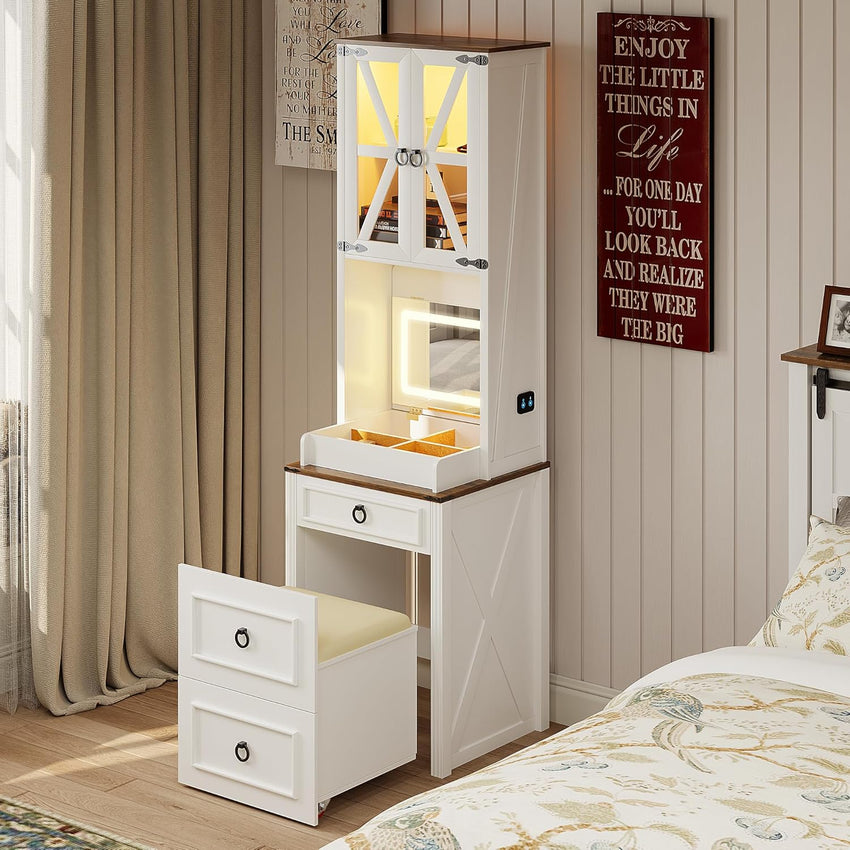 Compact Vanity with Hidden Chair | Mini Dorm Organizers and Storage Dressing Table Desk Gift for Girls Lady with 2 Large Drawers Shelves Mirror Lights for Small Bedroom (White)