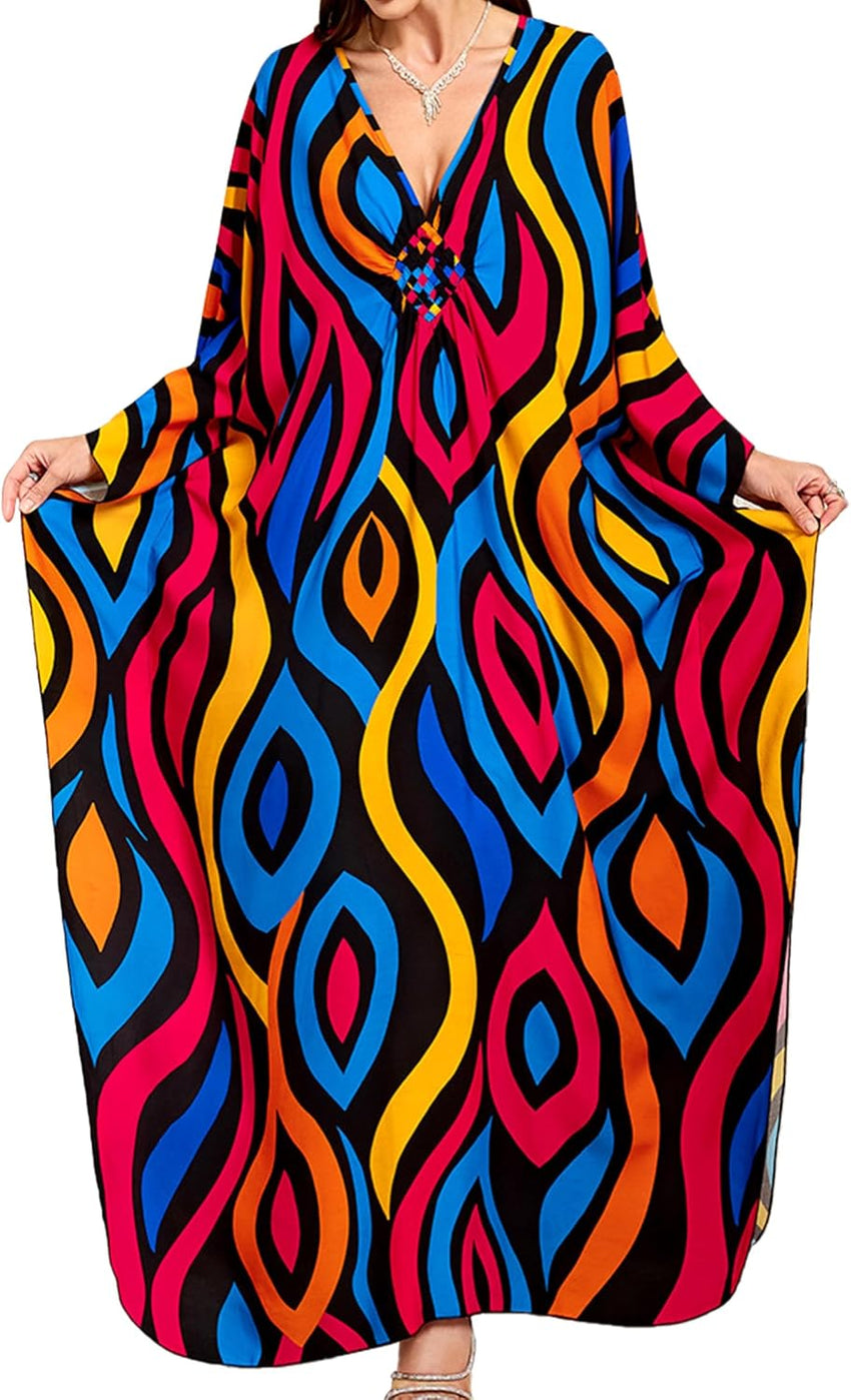 Women Kaftan Dresses Plus Size V-Neck Batwing Sleeves Beach Cover Up 2025 Summer Floral Print Caftan Dress