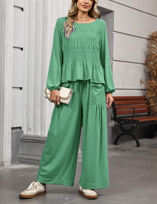 Womens 2-Piece Boho Long Sleeve Smocked Top & Wide Leg Pants Set Casual Lounge Outfit with Pockets