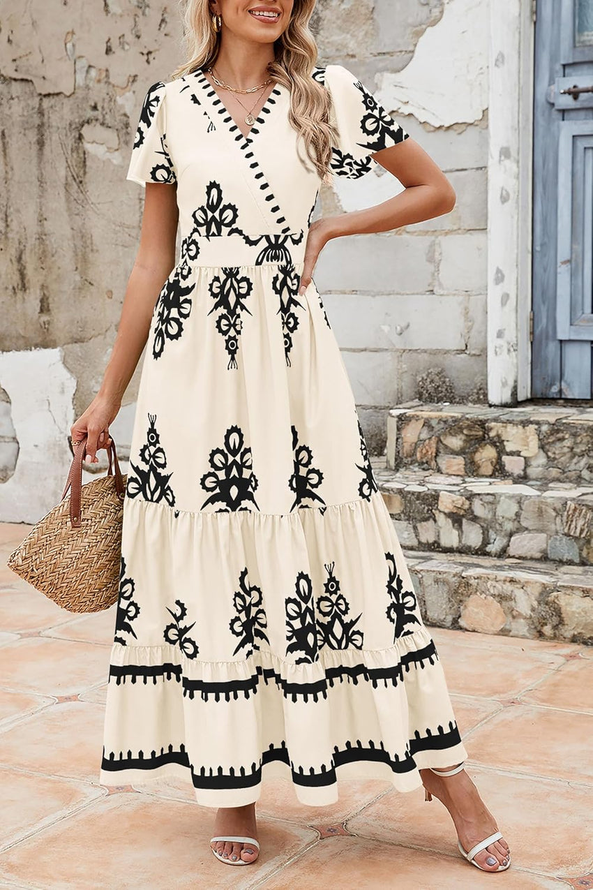 PRETTYGARDEN Womens 2025 Summer Casual V Neck Boho Maxi Dress Flowy Aline Bell Sleeve Tiered Floral Dresses with Pocket