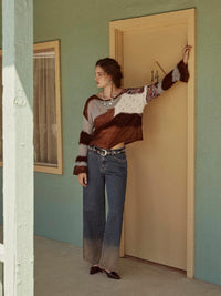 CIDER Women‘s Wool Color Block Sweater Knitted Boat Neck Bell Sleeve Pullover Sweatshirt Tops