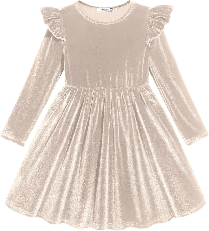 Arshiner Toddler Velvet Dress Little Girls Fall Winter Long Sleeve Ruffle Holiday Birthday Party Dresses with Pockets