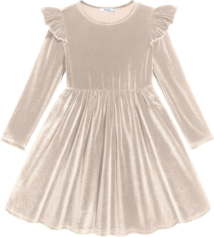 Arshiner Toddler Velvet Dress Little Girls Fall Winter Long Sleeve Ruffle Holiday Birthday Party Dresses with Pockets