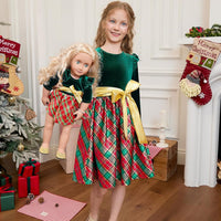 QPANCY Matching Girls & Doll Christmas Dresses Classic Plaid Long Sleeve Holiday Dress Kids Midi Velour Dress