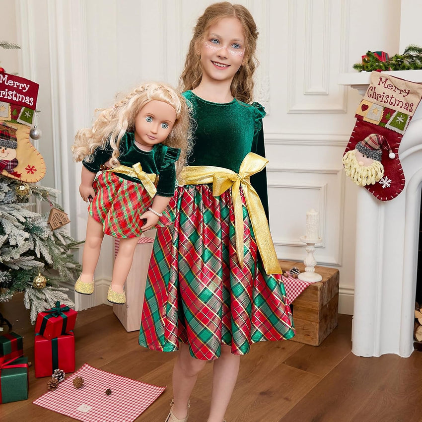 QPANCY Matching Girls & Doll Christmas Dresses Classic Plaid Long Sleeve Holiday Dress Kids Midi Velour Dress