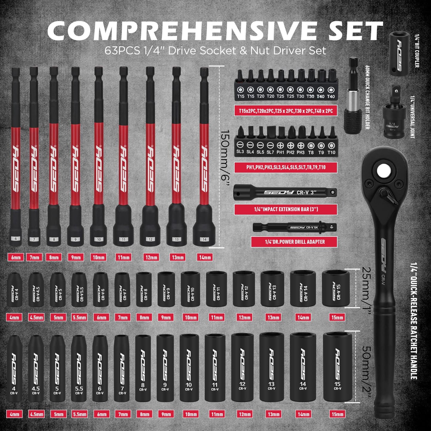 29-Piece 1/2" Drive Impact Socket Set, SAE (3/8 to 1 inch) and Metric (10-24mm) Sizes with Extension Bars Standard Deep Socket Set CR-V Material High Durability Impact Wrench
