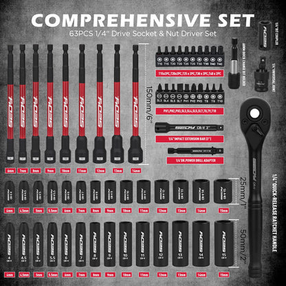 29-Piece 1/2" Drive Impact Socket Set, SAE (3/8 to 1 inch) and Metric (10-24mm) Sizes with Extension Bars Standard Deep Socket Set CR-V Material High Durability Impact Wrench