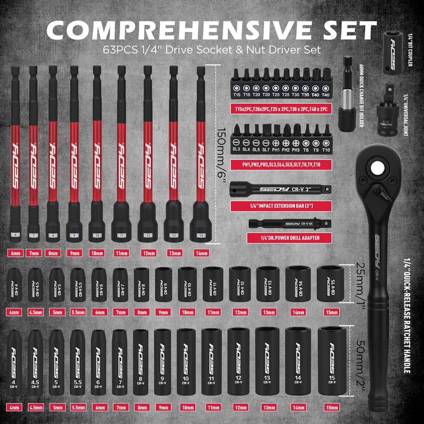 29-Piece 1/2" Drive Impact Socket Set, SAE (3/8 to 1 inch) and Metric (10-24mm) Sizes with Extension Bars Standard Deep Socket Set CR-V Material High Durability Impact Wrench