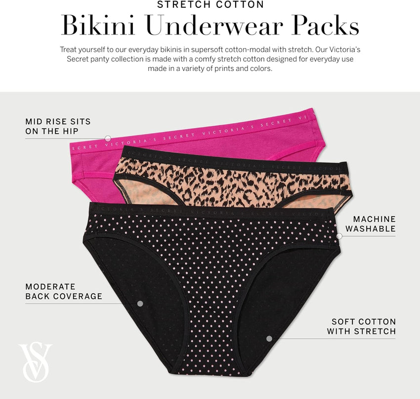 Victoria's Secret Women's Cotton Bikini Underwear, Moderate Coverage Panties for Women, Multi Pack (XS-XXL)