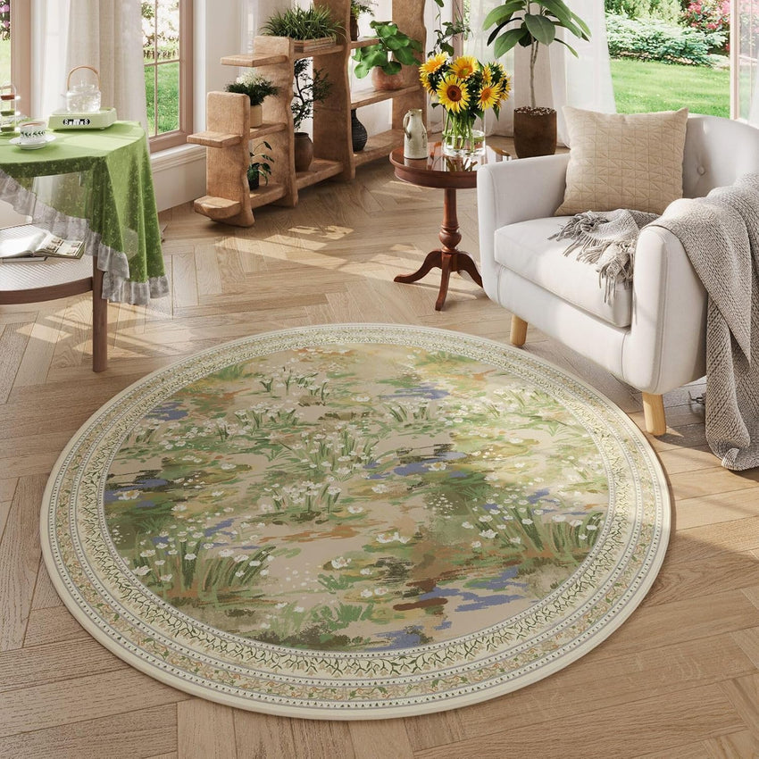 Rugcomf 4x6 Rug for Bedroom Impressionist-Style Vintage Washable Rugs Non Slip Low Pile Small Carpet for Bedside Kids Room Office Dining Room, Green