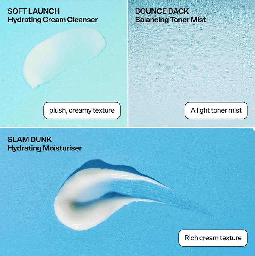 Bubble Skincare Silky Season 3-Step Hydrating Skin Care Set - Travel Size Skincare for Dry Skin - Soft Launch Cream Cleanser, Bounce Back Hydrating Toner Spray & Slam Dunk Moisturizer (3 Count)