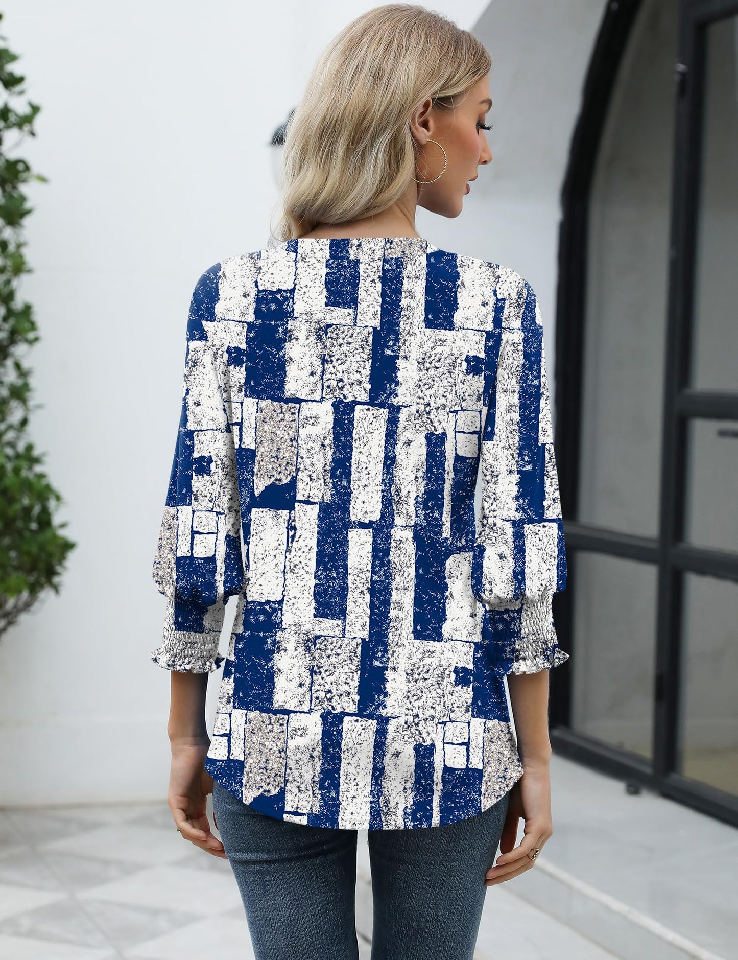 LOMON Blouses for Women Dressy Casual 3/4 Sleeve Tops for Women V Neck T Shirt Ladies Tops and Blouses Orange Blue Print L
