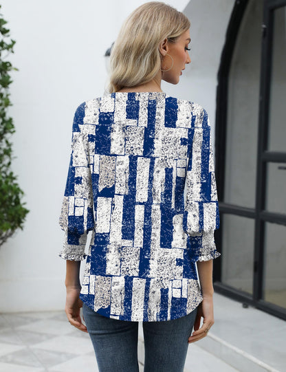 LOMON Blouses for Women Dressy Casual 3/4 Sleeve Tops for Women V Neck T Shirt Ladies Tops and Blouses Orange Blue Print L