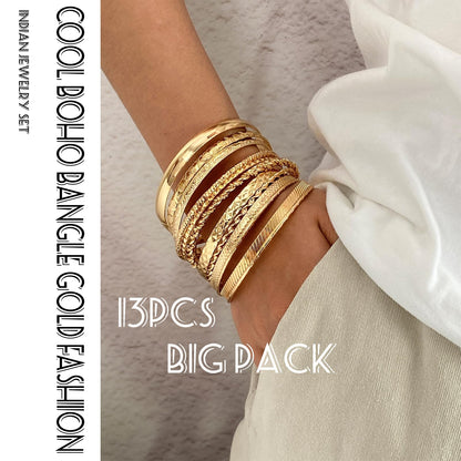 17IF Gold Bangle Bracelet For Women, 14k Multilayer Charm Textured Stackable Bracelets Boho Indian Chunky Cuff Fashion Jewelry Gift