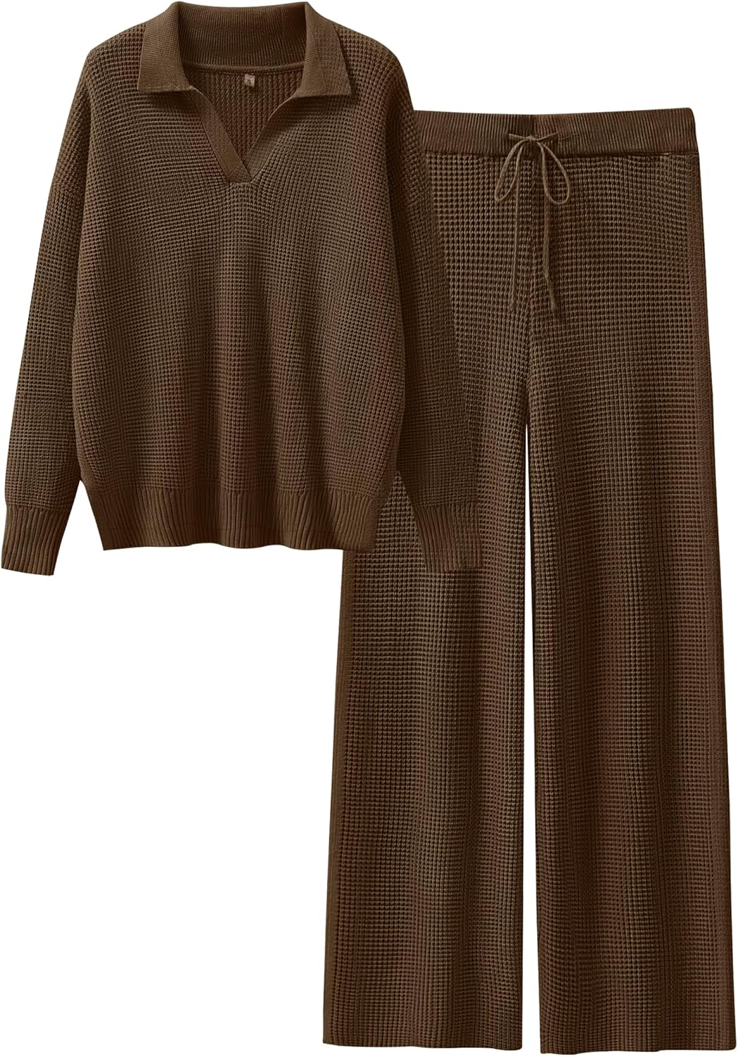 ANRABESS Women Two Piece Outfits Sweater Sets Lounge Waffle Knit Pullover Matching Wide Leg Pants Tracksuit 2025 Fall Fashion