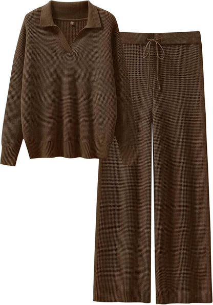 ANRABESS Women Two Piece Outfits Sweater Sets Lounge Waffle Knit Pullover Matching Wide Leg Pants Tracksuit 2025 Fall Fashion