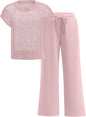 ANRABESS Women Two Piece Outfits Crochet Sheer Knit Sweater Top Wide Leg Pants Lounge Matching Sets Sweatsuit Travel Clothes