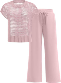 ANRABESS Women Two Piece Outfits Crochet Sheer Knit Sweater Top Wide Leg Pants Lounge Matching Sets Sweatsuit Travel Clothes
