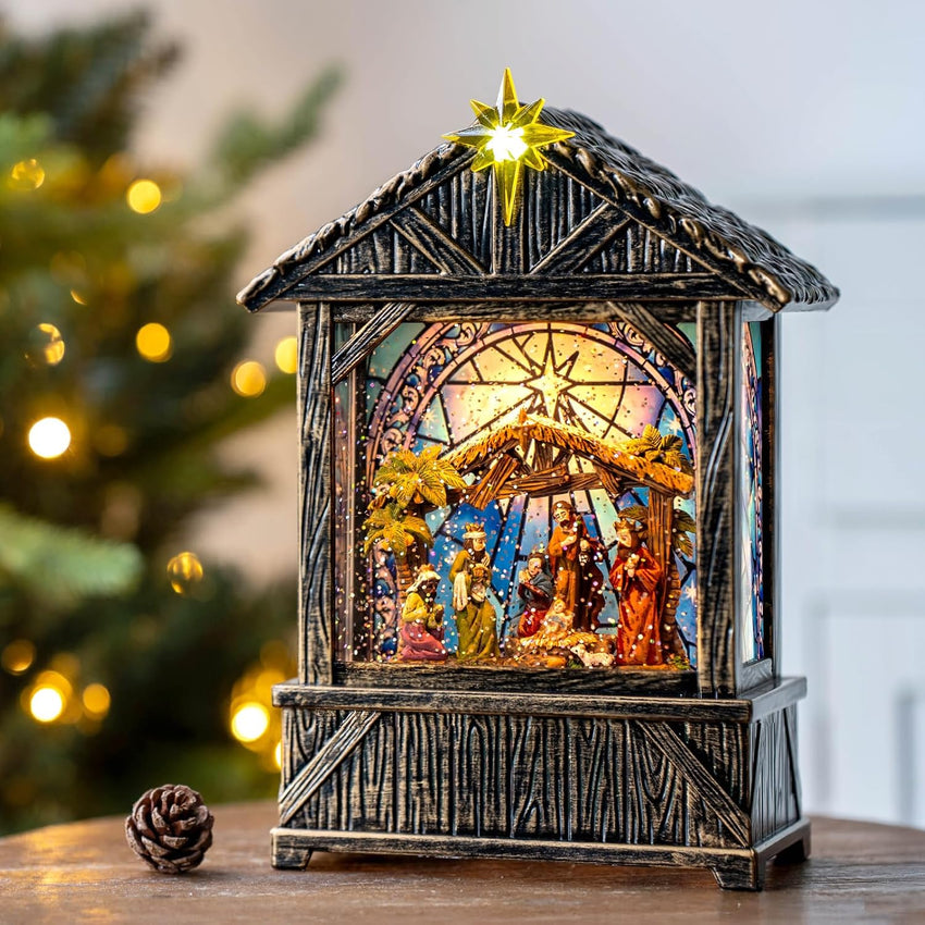 Nativity with Star Musical Lighted Water Creche with Swirling Glitter, Christmas Snow Globe Nativity Manger for Xmas with Music, Holiday Decorations Gifts for Family, Children or Friends