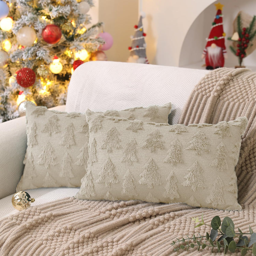 DFXSZ Christmas Tree Pillow Covers 18x18 inch Set of 2 Christmas Decoration Beige Soft Plush Faux Fur Jacquard Throw Pillows for Bedroom Sofa Holiday Festivals Winter Home Decor PTK006C18