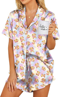 Ekouaer Womens Satin Pajamas Set Button Down 2 Piece Silk Pjs Shorts Set Ruffle Lingerie Notch Collar Sleepwear