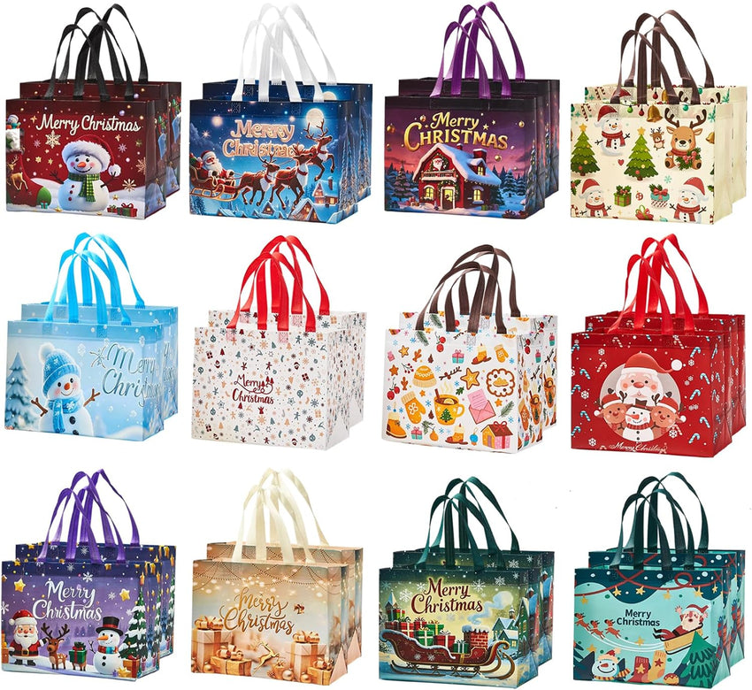 24 Pack Large Christmas Gift Bags 12.8"*6.7"*9.8", Reusable Non-Woven Jumbo Tote Bags with Handles For Christmas Surprise, Xmas Party Supplies Wrapping Shopping