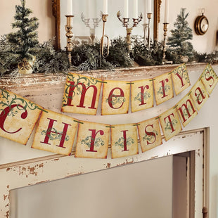 Christmas Decorations - Vintage Merry Christmas Banner - Retro Nostalgic Traditional Old Fashioned Victorian Xmas Holiday Clearance Decor for Indoor Home Office Fireplace Mantle Farmhouse