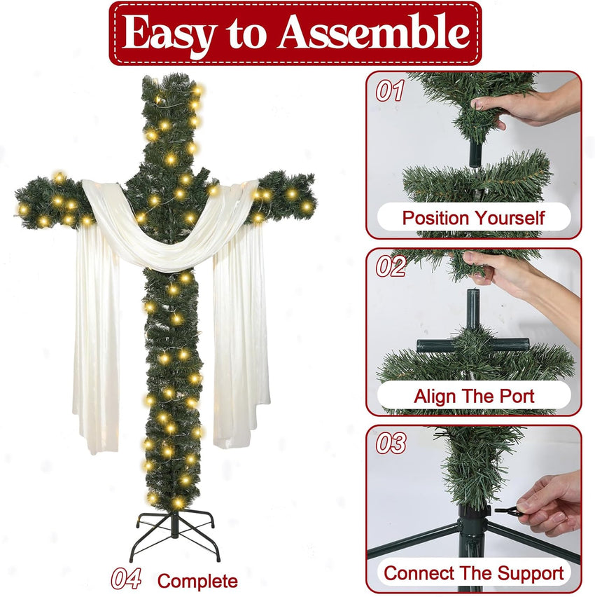 6Ft Artificial Christmas Cross Tree with a String Lights and a White Silk Scarf Christmas Easter Decorations Jesus Christ Catholic Cross Decor He is Risen Decorative Cross Tree for Outdoor Home Decor