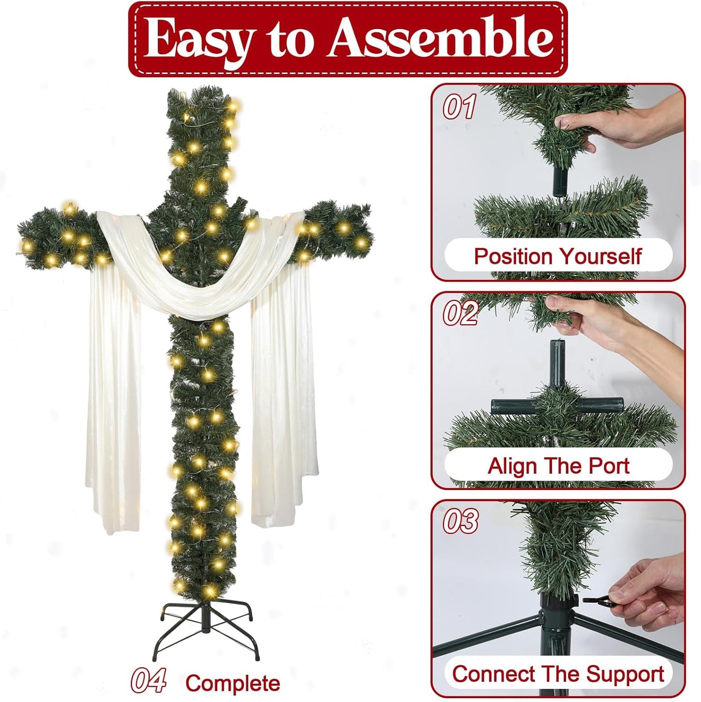 6Ft Artificial Christmas Cross Tree with a String Lights and a White Silk Scarf Christmas Easter Decorations Jesus Christ Catholic Cross Decor He is Risen Decorative Cross Tree for Outdoor Home Decor