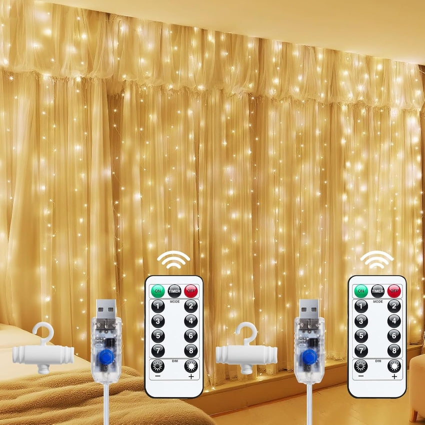 Brightown 300 LED Fairy Curtain Lights, 9.8ft x 9.8ft Warm White Curtain String Lights, USB Plug in 8 Lighting Modes Christmas Decoration, Hanging Lights with Remote for Bedroom Indoor Weddings Dorm