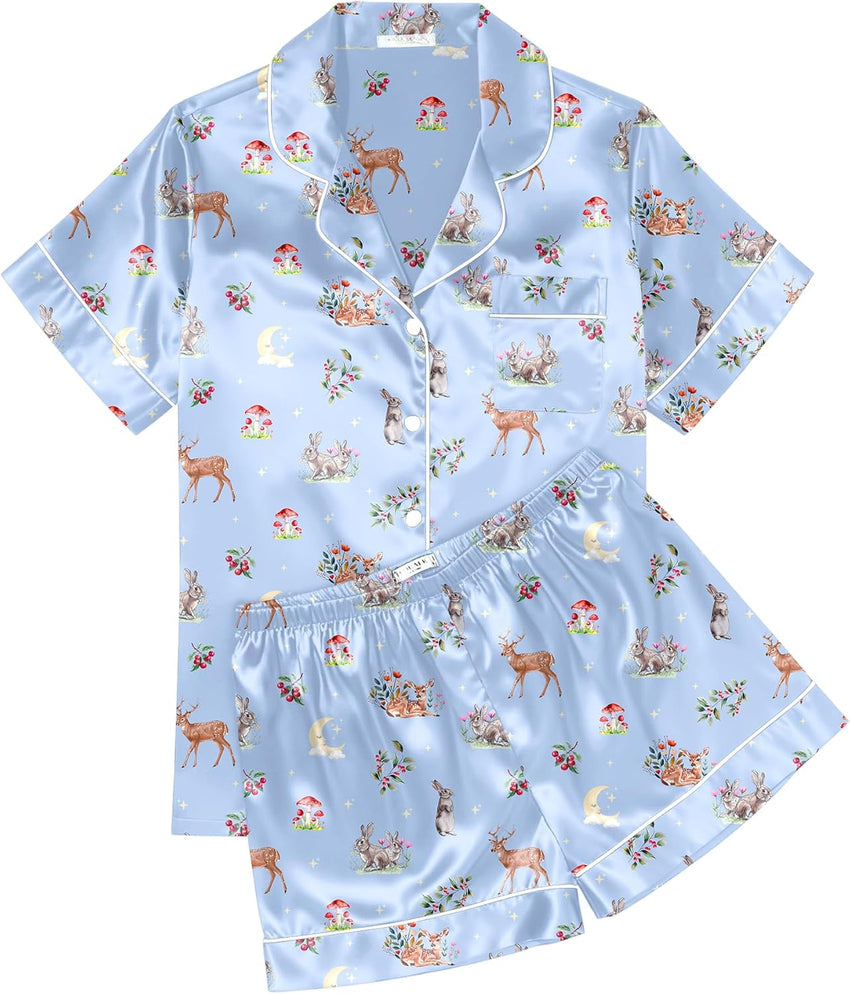 Ekouaer Womens Silk Satin Pajama Sets Soft Short Sleeve Button Down Sleepwear Top and Shorts 2 Piece Pjs Lounge Set