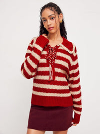 CIDER Striped Sweaters for Women Collar Knit Long Sleeve Knotted Loose Fit Pullover Winter Sweater Fall Tops