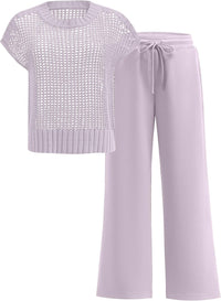 ANRABESS Women Two Piece Outfits Crochet Sheer Knit Sweater Top Wide Leg Pants Lounge Matching Sets Sweatsuit Travel Clothes