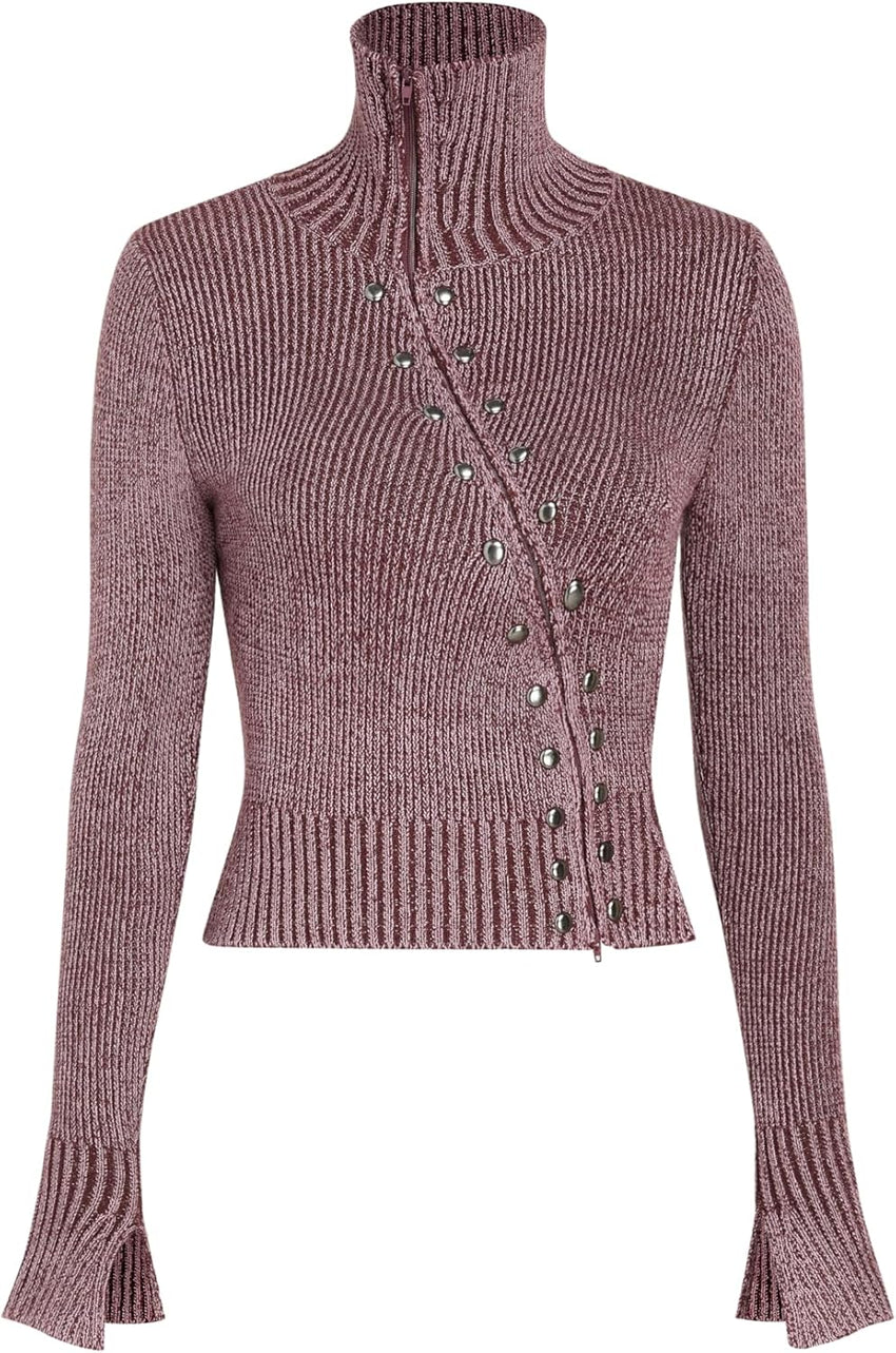 CIDER Zipper Cardigan Sweaters for Women Trendy Stand Collar Rivet Cardigans Split Long Sleeve Fall Winter