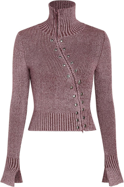 CIDER Zipper Cardigan Sweaters for Women Trendy Stand Collar Rivet Cardigans Split Long Sleeve Fall Winter