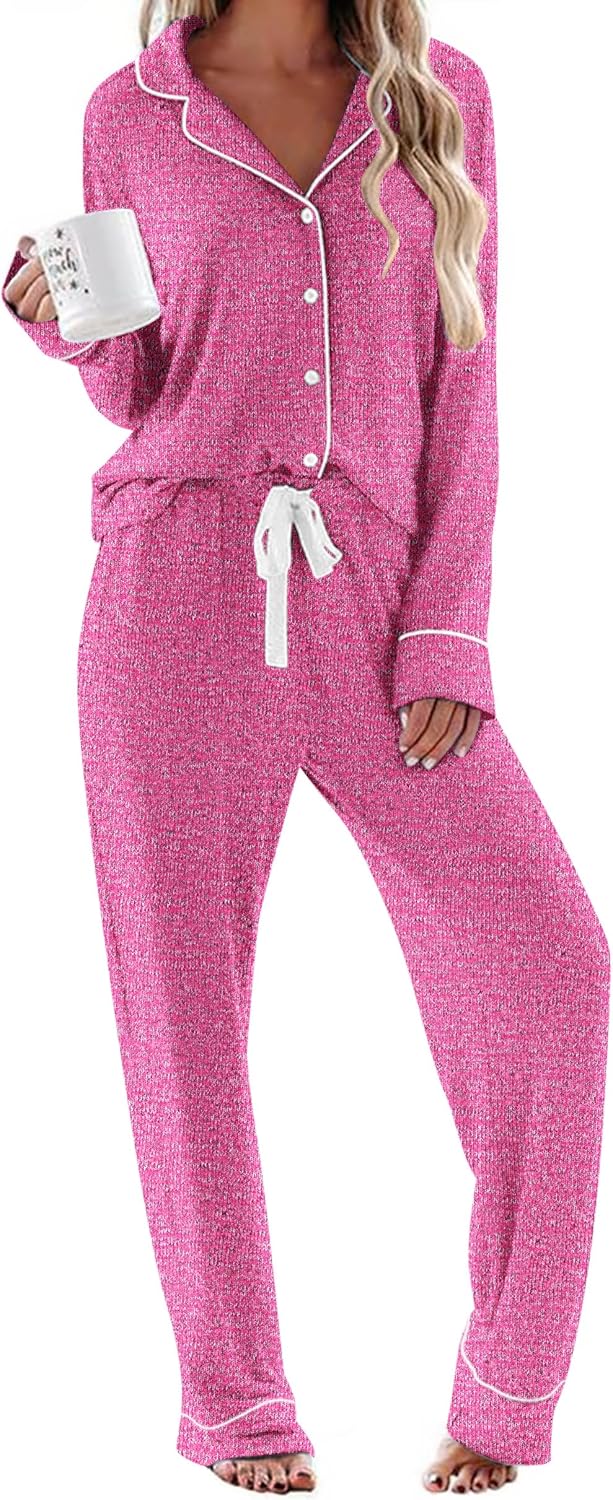 Ekouaer Women's Pajamas Long Sleeve Sleepwear Casual Button Down Loungewear Soft Pjs Set S-XXL
