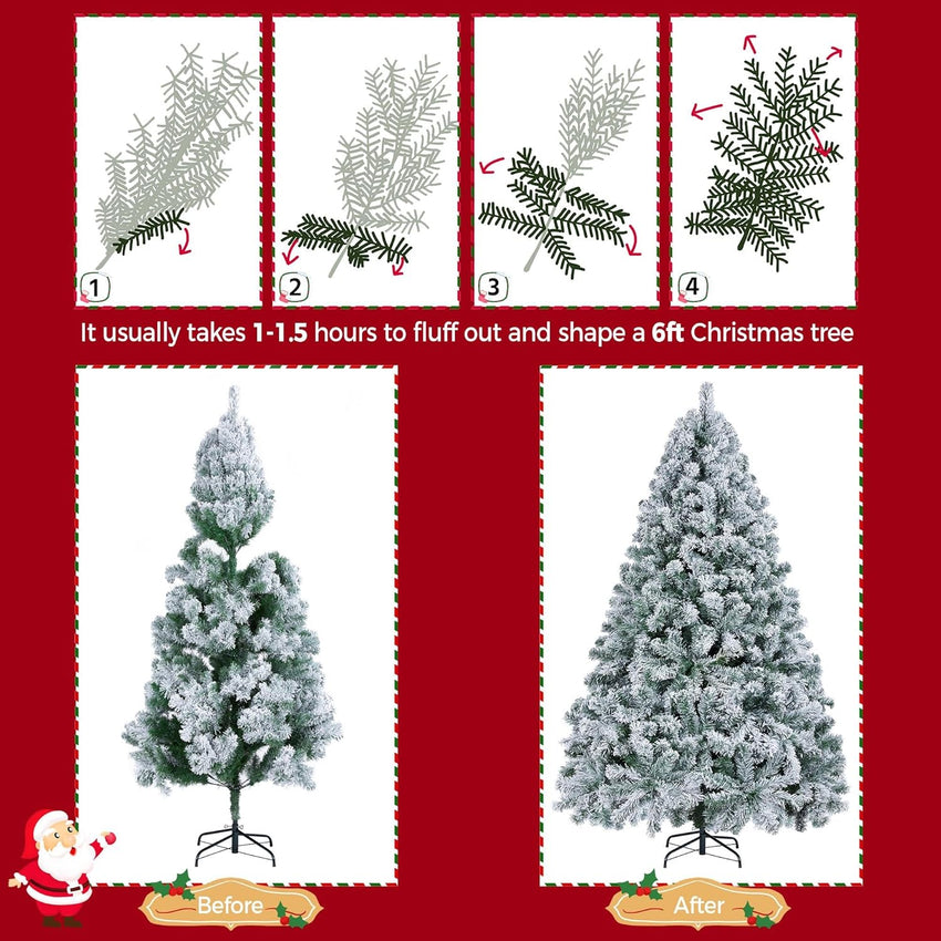 Yaheetech 6ft Snow Flocked Pre-lit Christmas Tree with 250 Warm White Lights, 820 Lush Branch Tips & Quick-Assembly Hinged Design, Full Artificial Xmas Tree for Winter Holiday Décor, Green & White