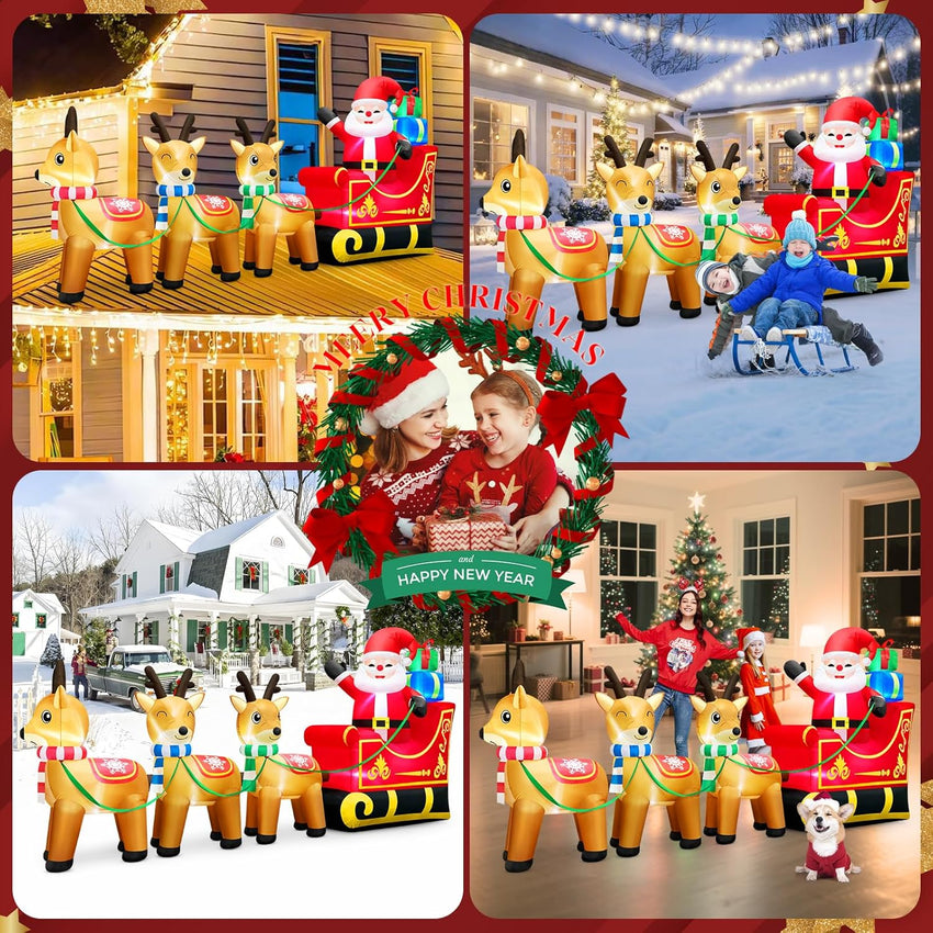 12 Foot Long Christmas Inflatables Santa Claus & Reindeer Sleigh Outdoor Decorations, Built-in LEDs Giant Funny Sled Merry Xmas Blow Up Yard Decoration Winter Inflatable Vacation Lawn Outside Blowups
