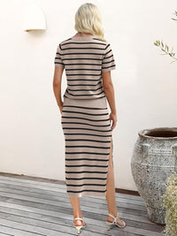 ANRABESS Womens 2 Piece Outfits Striped Sweater Skirt Sets 2025 Summer Casual Short Sleeve Pullover Tops Travel Midi Dress