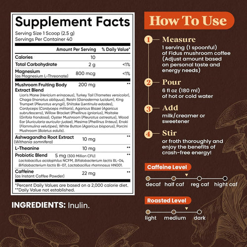 Fidus 16 in 1 Mushroom Coffee with 80,000mg Adaptogenic Mushrooms with Ashwagandha, Probiotic, Magnesium and Lion's Mane Instant Mushroom Coffee for Focus, Energy, Immunity & Digestion, 40 Servings