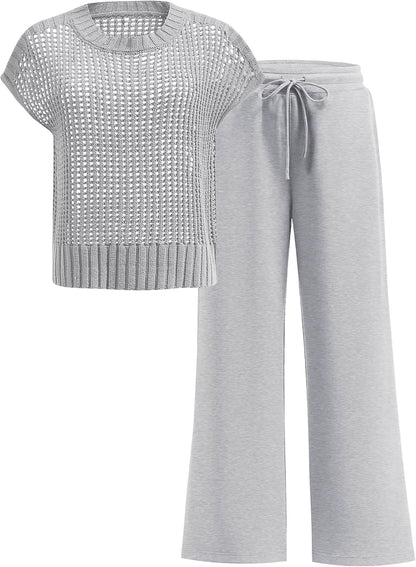 ANRABESS Women Two Piece Outfits Crochet Sheer Knit Sweater Top Wide Leg Pants Lounge Matching Sets Sweatsuit Travel Clothes