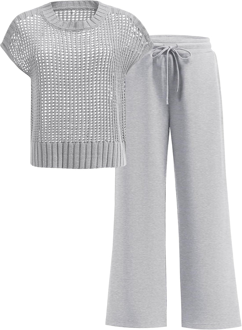 ANRABESS Women Two Piece Outfits Crochet Sheer Knit Sweater Top Wide Leg Pants Lounge Matching Sets Sweatsuit Travel Clothes