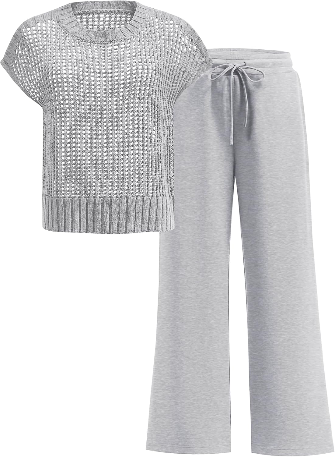 ANRABESS Women Two Piece Outfits Crochet Sheer Knit Sweater Top Wide Leg Pants Lounge Matching Sets Sweatsuit Travel Clothes