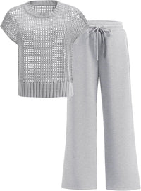 ANRABESS Women Two Piece Outfits Crochet Sheer Knit Sweater Top Wide Leg Pants Lounge Matching Sets Sweatsuit Travel Clothes