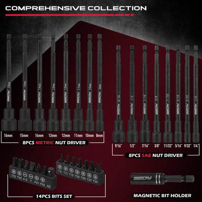 12-Piece Magnetic Nut Driver Set - Premium Impact Power Hex Nut Driver Drill Bit Master Kit, SAE & Metric, 1/4-Inch Quick-Change
