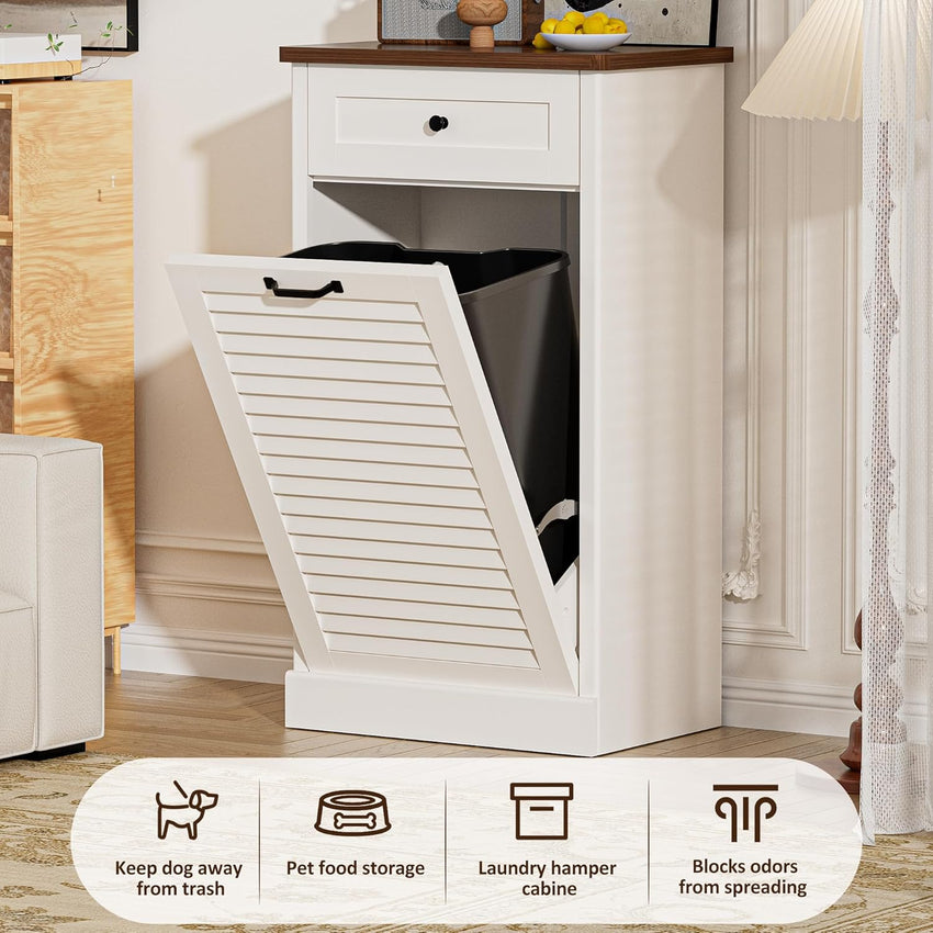 Spurgehom Tilt Out Trash Cabinet,13 Gallon Louvered Door Laundry Hamper Cabinet with Hideaway Drawers,Freestanding Garbage Can Cabinets for Kitchen & Living Room,White