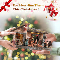 Nativity Scene Set with LED Lights,15.3" Resin Holy Family Character Stables Sculpture Manger Figurine for Indoor Tabletop Fireplace Christmas Decorations