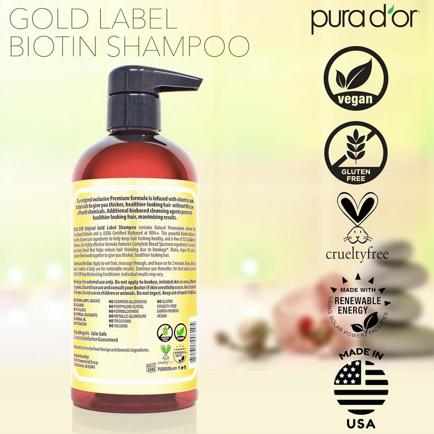 PURA D'OR Original Gold Label Anti-Thinning Shampoo – CLINICALLY TESTED Botanical Formula – Biotin & Argan Oil – Sulfate-Free Strengthening & Volumizing for Fuller-Looking Hair, Men & Women, 16 fl oz